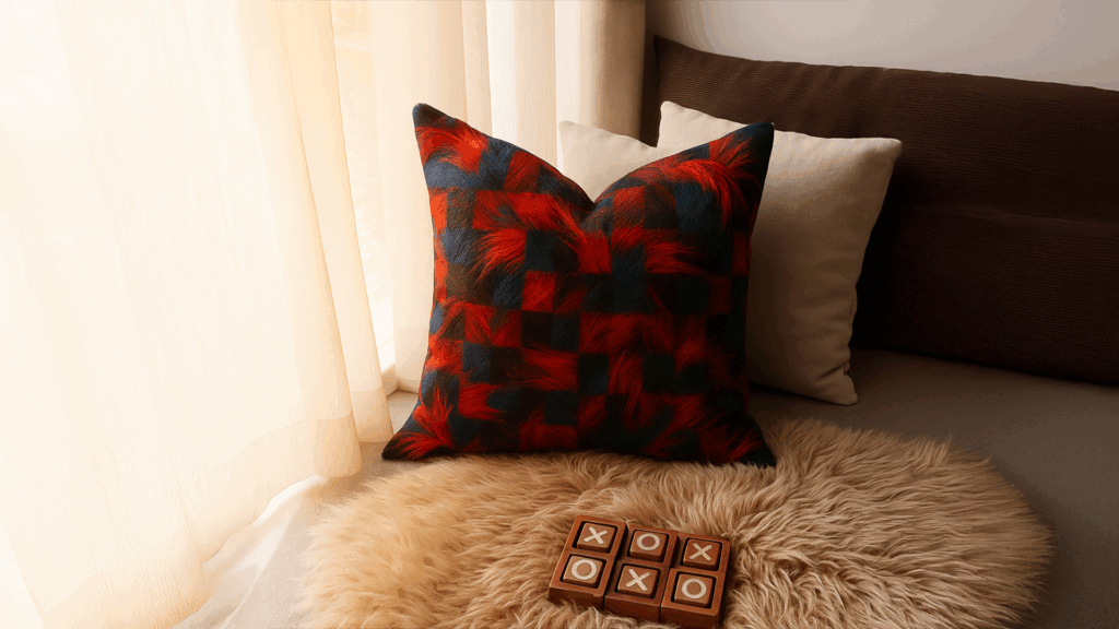 Red and black checkered pillow with a furry texture