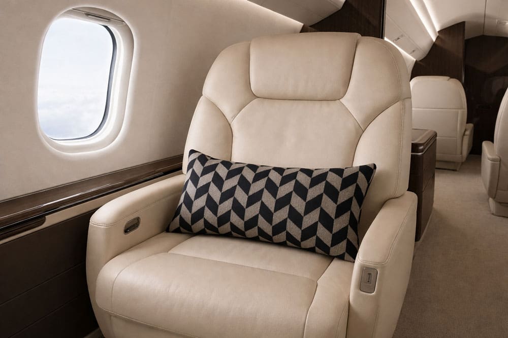 Luxurious beige leather seat with a decorative geometric pillow, positioned beside a window, showcasing a plush private jet interior.